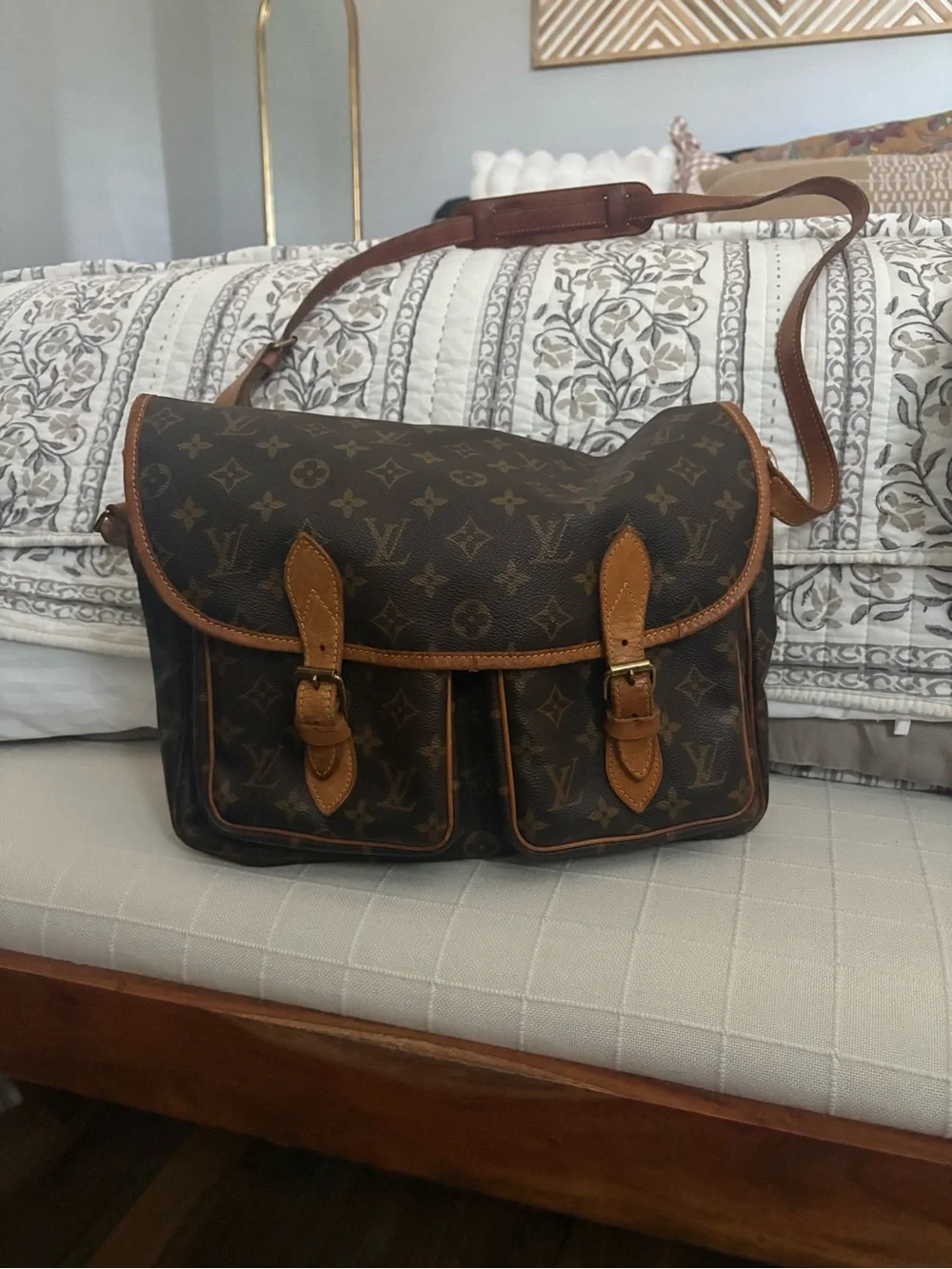 Louis Vuitton Monogram Canvas Messenger Bag with Tan Trim